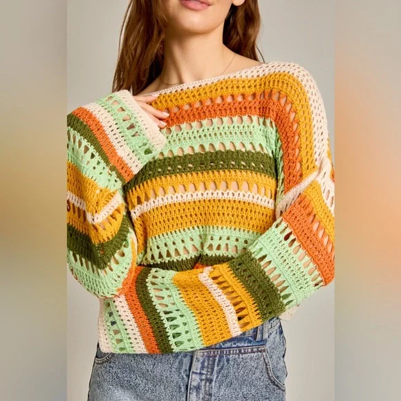 Multicolor Striped Crochet Knit Sweater Top - Picture 5 of 6